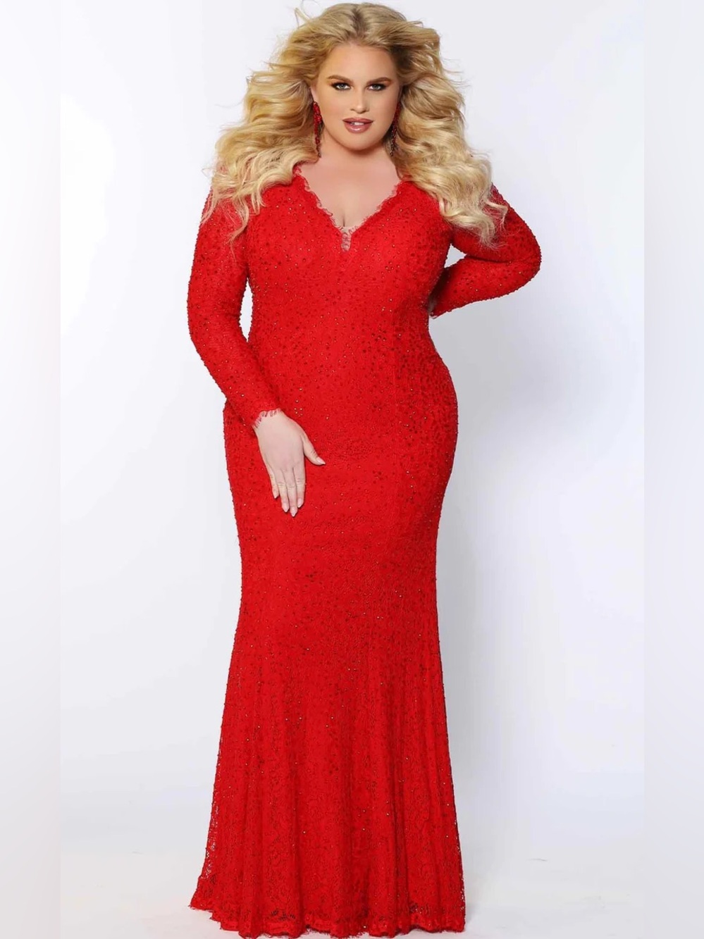 Johnathan Kayne Sydney's Closet JK2104 Long Sleeve Sparkly Lace Gown Scarlet 18